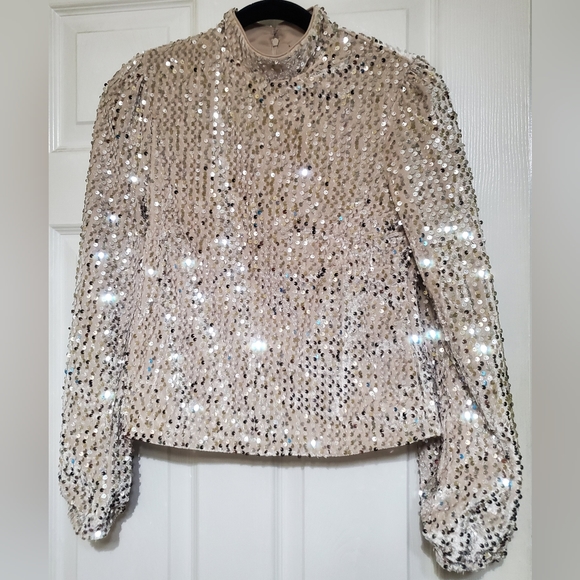 Sanctuary All nighter Silver Sequined Champagne Long Sleeve Top Size Small - Picture 2 of 7